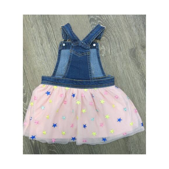 DENIM OVERALL DRESS Tulle Tutu Little Girls Size 2T Pink Stars Lined Princess - Picture 2 of 5